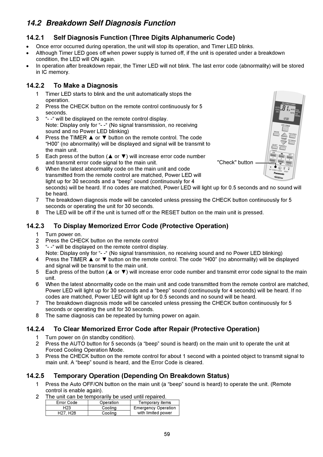 Panasonic CS-S9NKUW-1 Breakdown Self Diagnosis Function, Self Diagnosis Function Three Digits Alphanumeric Code 