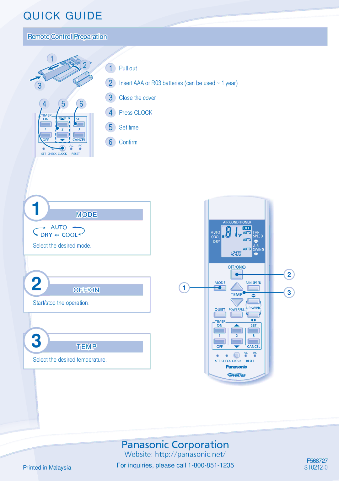 Panasonic CS-S18NKUA, CS-S24NKUA, CU-S24NKUA, CU-S18NKUA manual Quick Guide, Mode, Off/On, Temp 