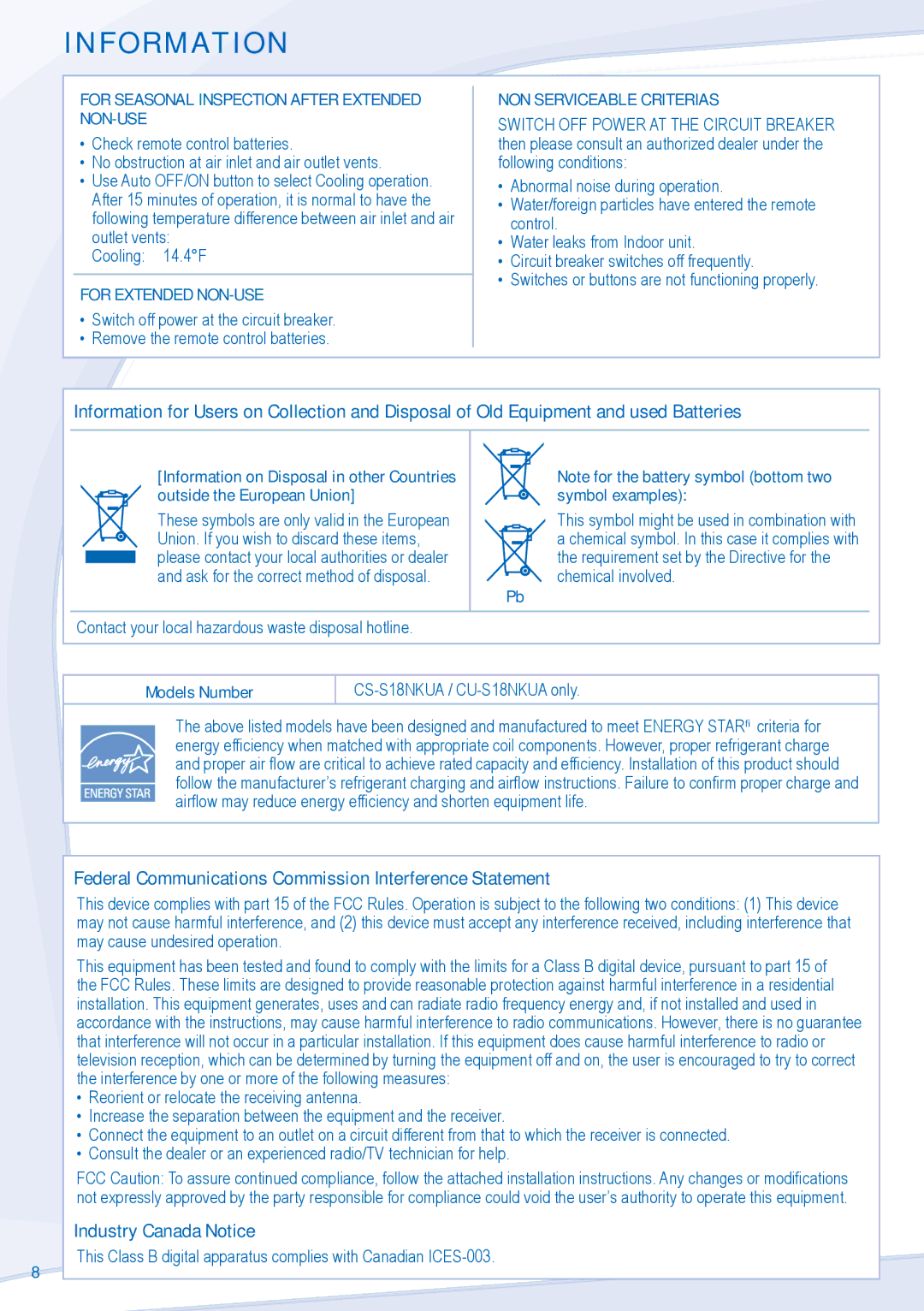 Panasonic CS-S18NKUA, CS-S24NKUA manual Information, For Seasonal Inspection After Extended NON-USE, For Extended NON-USE 