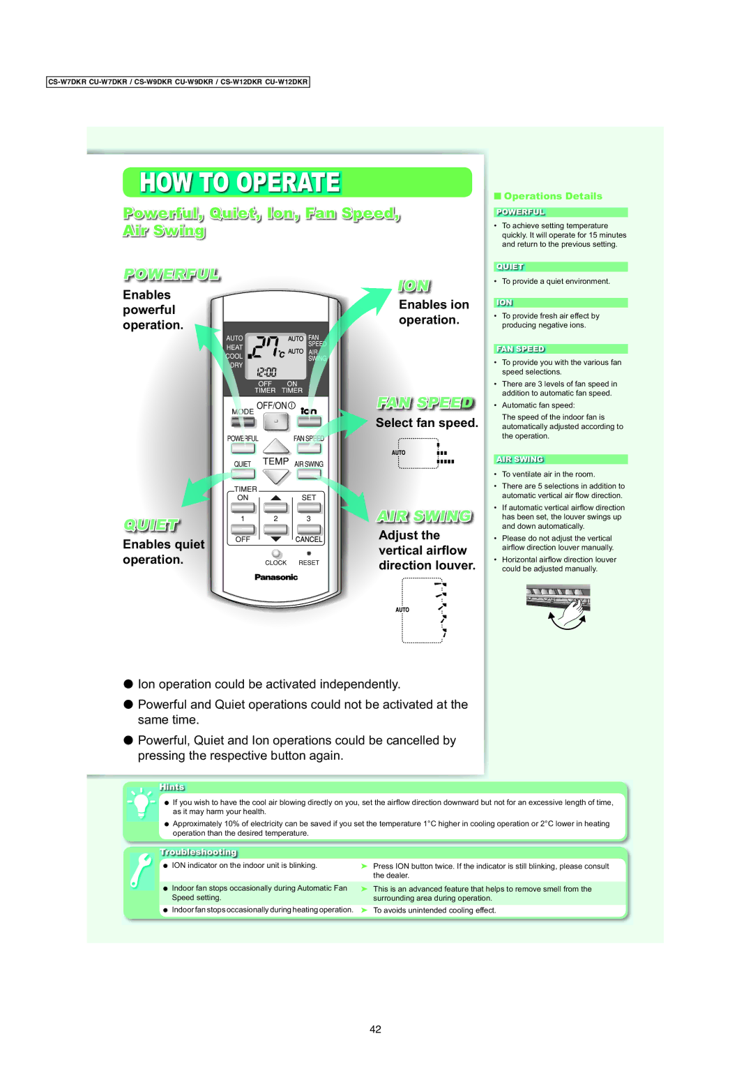 Panasonic CU-W9DKR, CS-W12DKR, CS-W7DKR Pow erful, Quiet, Ion, Fan Speed Air Sw ing, Powerful, FAN Speed, Quiet AIR Swing 