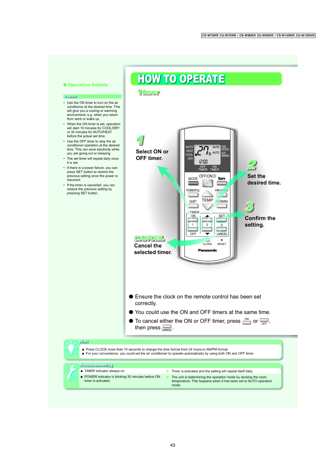 Panasonic CU-W12DKR, CS-W12DKR, CS-W7DKR, CS-W9DKR, CU-W7DKR, CU-W9DKR manual Timer, Cancel 