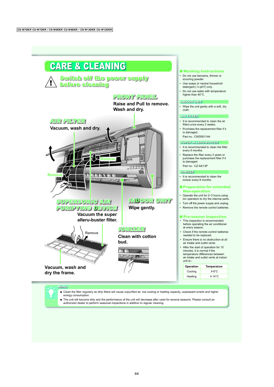 Panasonic CS-W12DKR manual Care & Cleaning, Front Panel, AIR Filter, Supersonic AIR Indoor Unit Purifying Device, Ionizer 