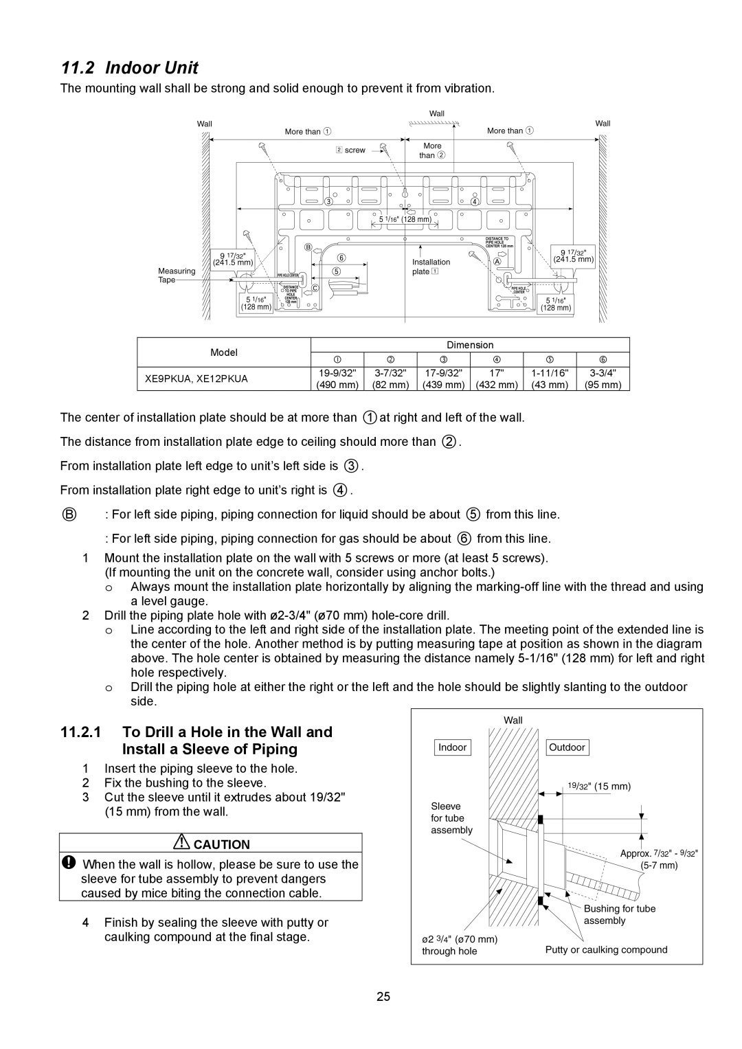 Panasonic CS-XE9PKUA, CS-XE12PKUA, CU-XE9PKUA manual Indoor Unit, To Drill a Hole in the Wall and Install a Sleeve of Piping 