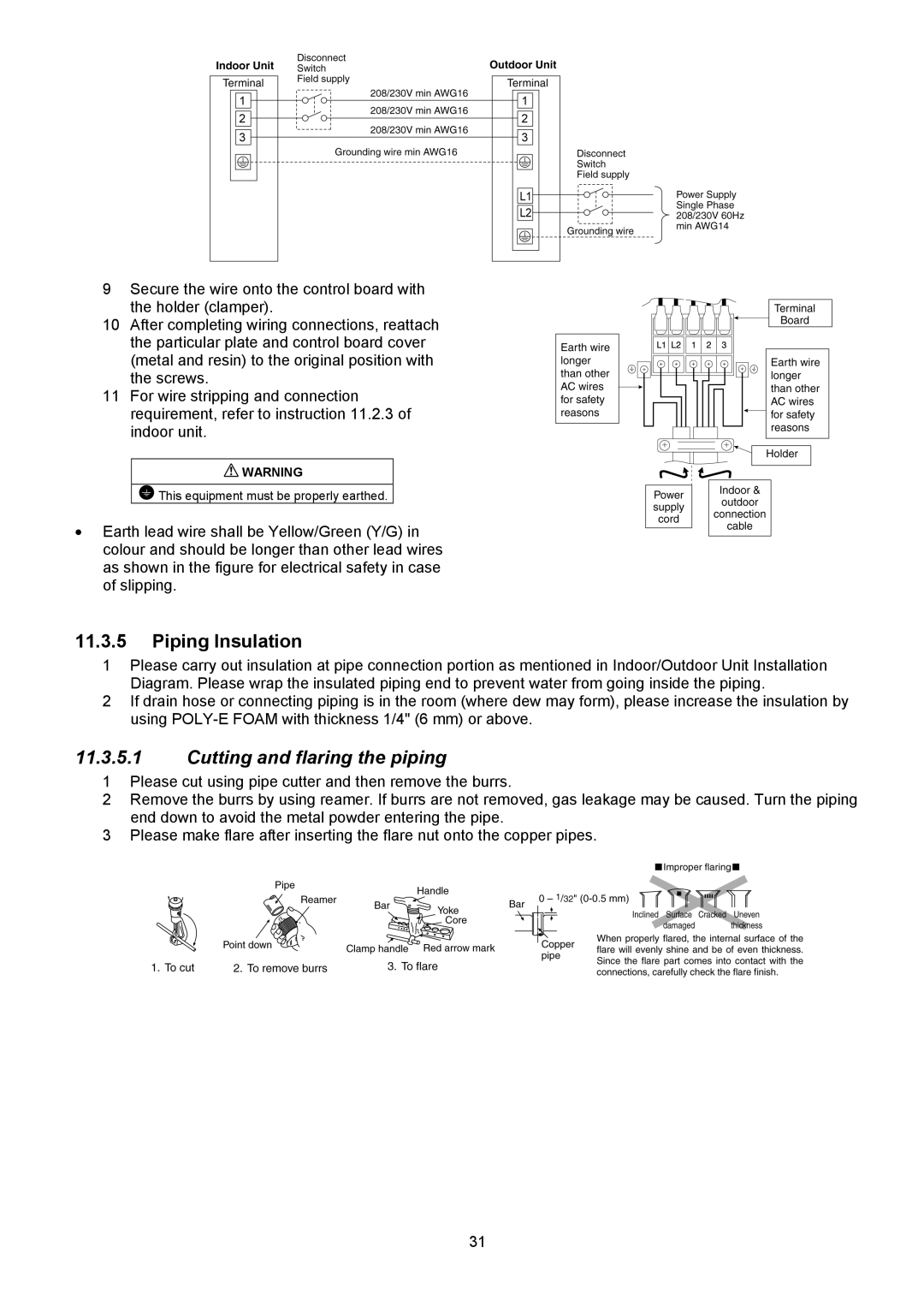 Panasonic CU-XE12PKUA, CS-XE12PKUA, CS-XE9PKUA, CU-XE9PKUA manual Piping Insulation, Cutting and flaring the piping 