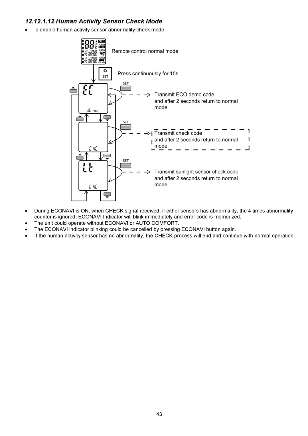 Panasonic CU-XE12PKUA, CS-XE12PKUA, CS-XE9PKUA, CU-XE9PKUA manual Human Activity Sensor Check Mode 