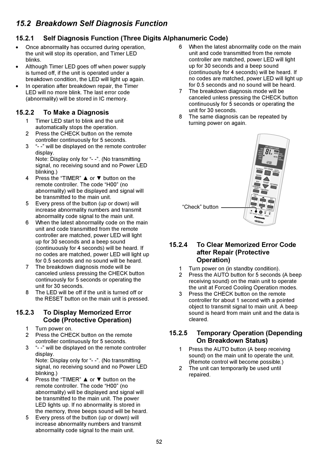 Panasonic CS-XE12PKUA manual Breakdown Self Diagnosis Function, Self Diagnosis Function Three Digits Alphanumeric Code 