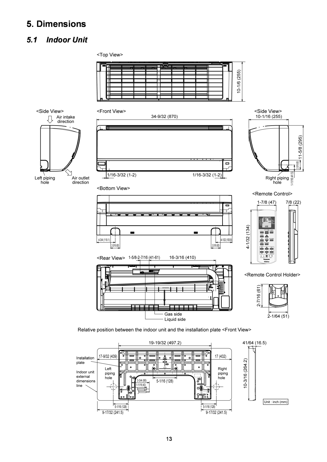 Panasonic CS-XE9PKUA, CS-XE12PKUA, CU-XE9PKUA, CU-XE12PKUA manual Dimensions, 5.1Indoor Unit 