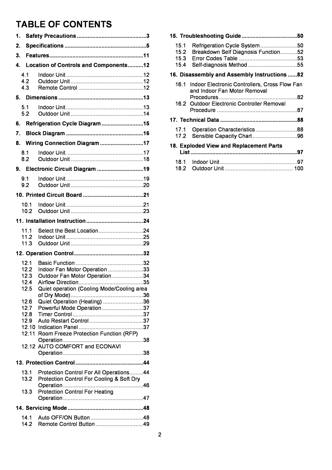 Panasonic CU-XE9PKUA Table Of Contents, Location of Controls and Components, Disassembly and Assembly Instructions, List 