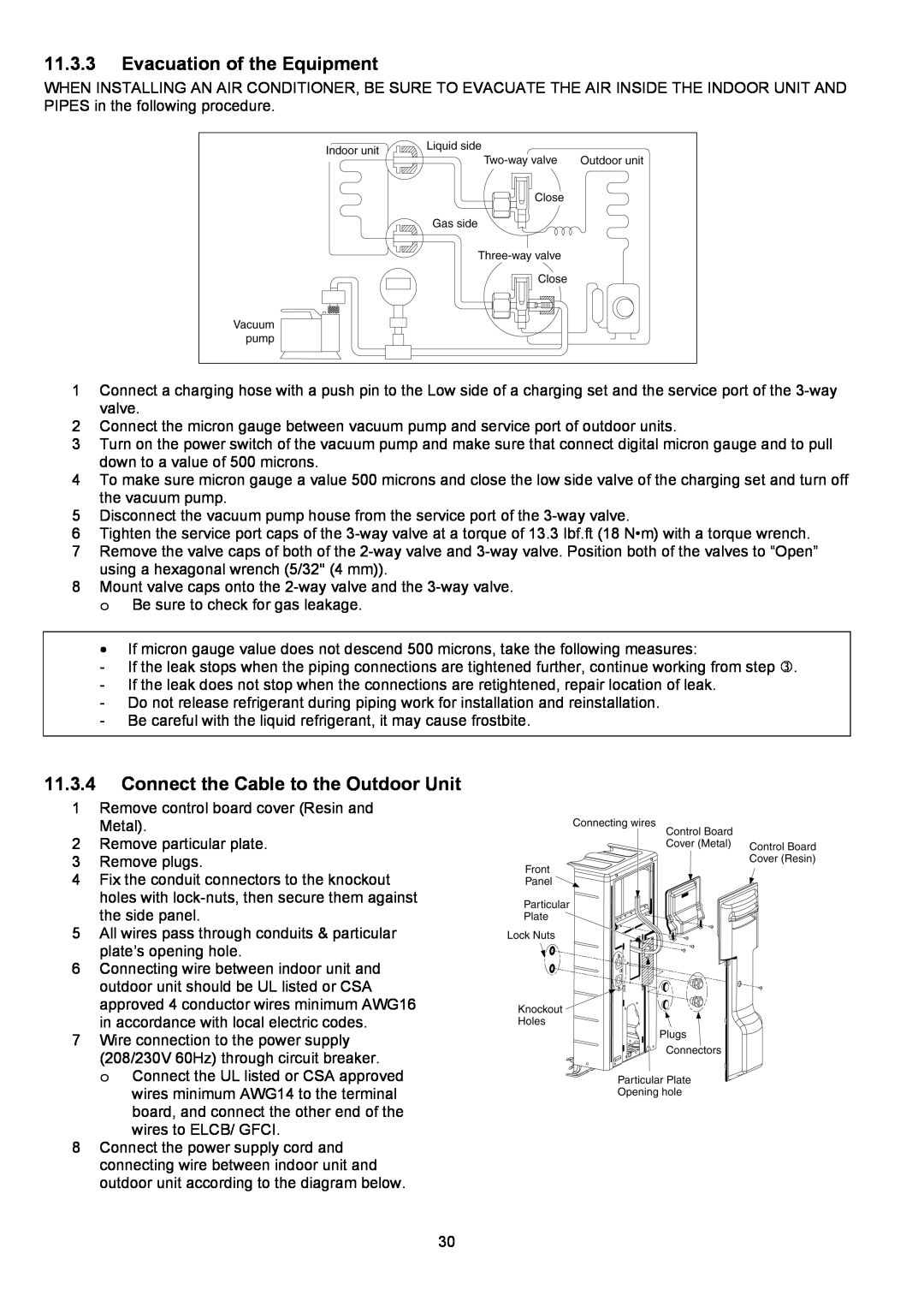 Panasonic CU-XE9PKUA, CS-XE12PKUA manual 11.3.3Evacuation of the Equipment, 11.3.4Connect the Cable to the Outdoor Unit 