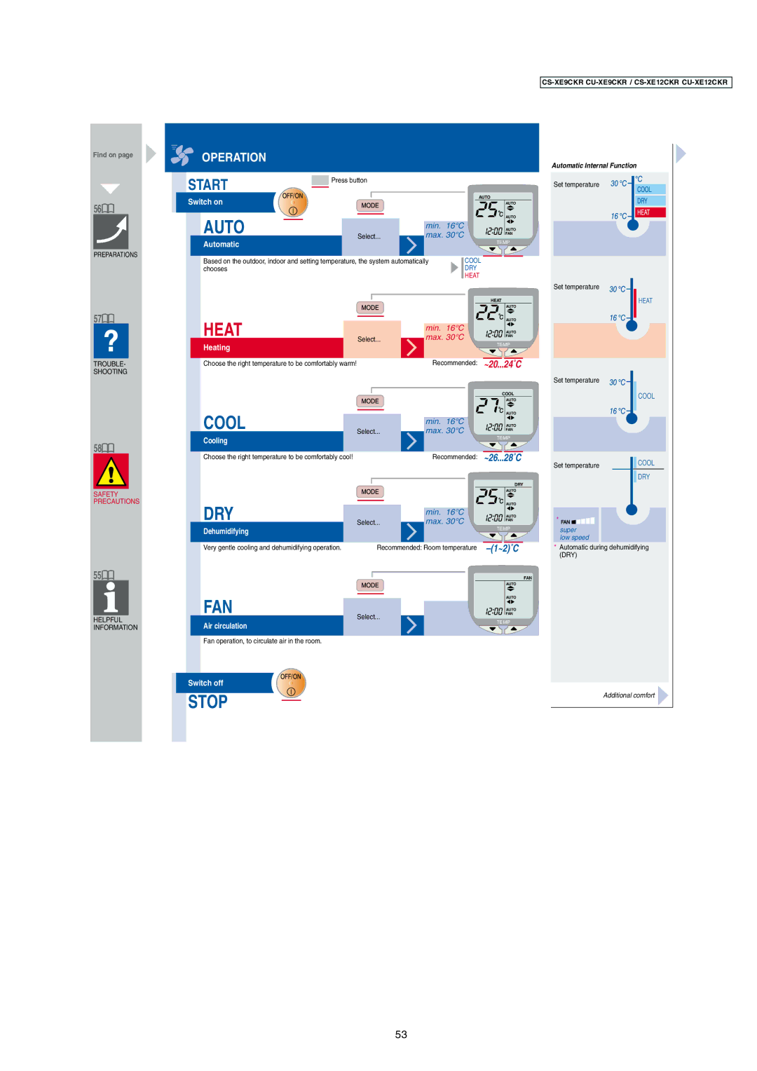 Panasonic CU-XE12CKR, CS-XE9CKR, CS-XE12CKR, CU-XE9CKR operating instructions Automatic Internal Function, Additional comfort 