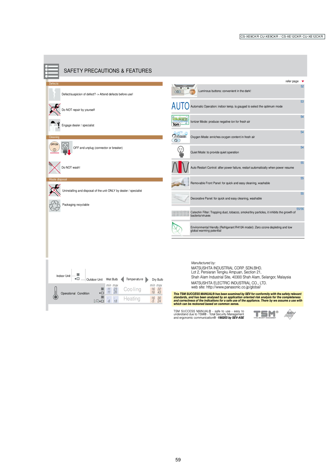 Panasonic CS-XE9CKR, CS-XE12CKR, CU-XE12CKR Safety Precautions & Features, Defects, Cleaning, Waste disposal, Temperature 