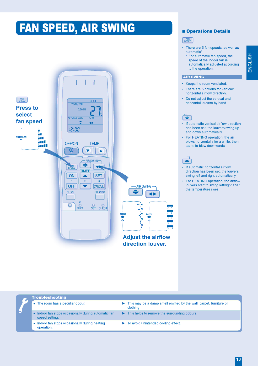 Panasonic CS-XE12EKE, CS-XE9EKE, CU-XE9EKE, CU-XE12EKE manual FAN SPEED, AIR Swing, Operations Details 