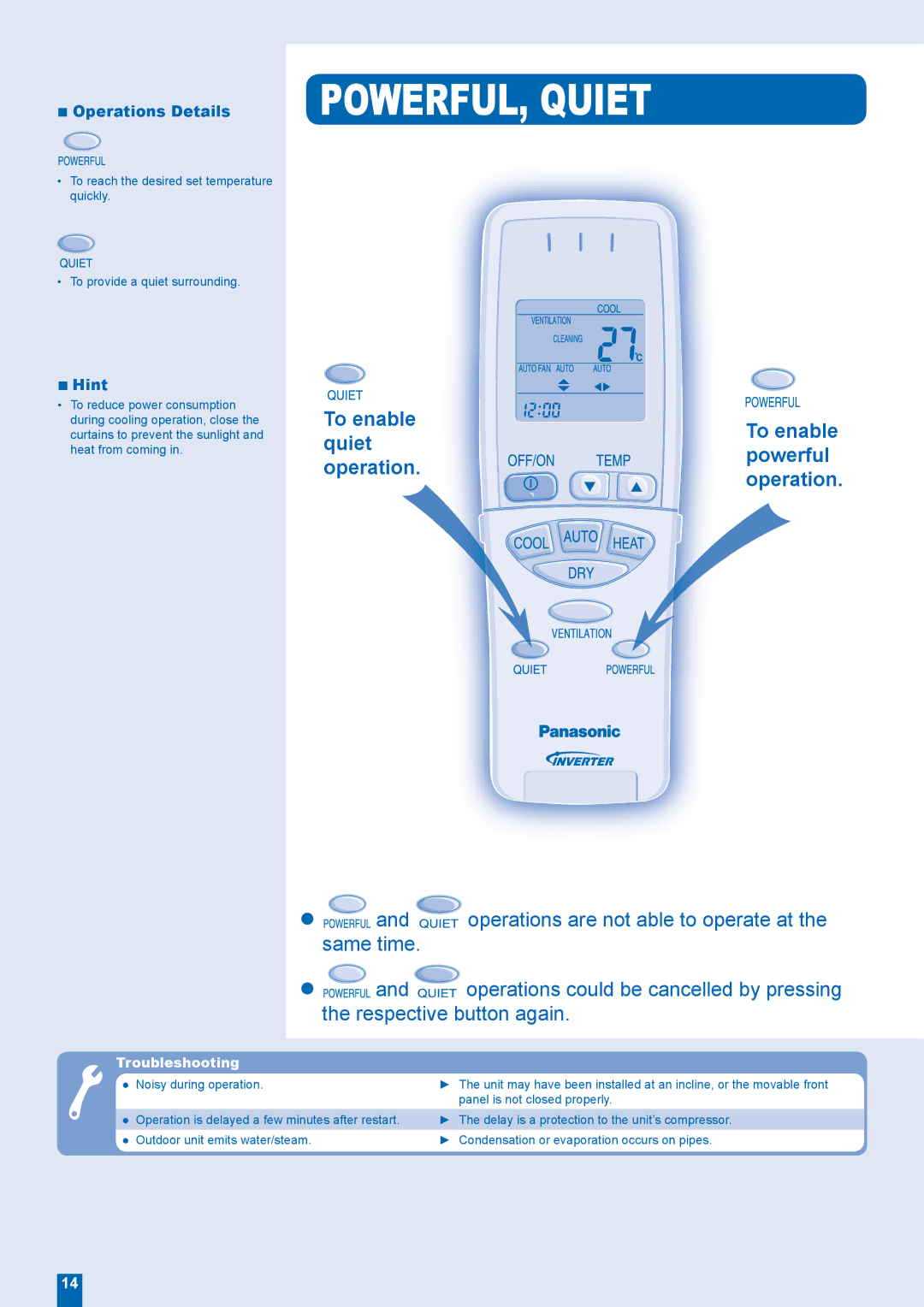 Panasonic CU-XE9EKE, CS-XE9EKE, CS-XE12EKE, CU-XE12EKE manual POWERFUL, Quiet, To enable Quiet Powerful Operation 