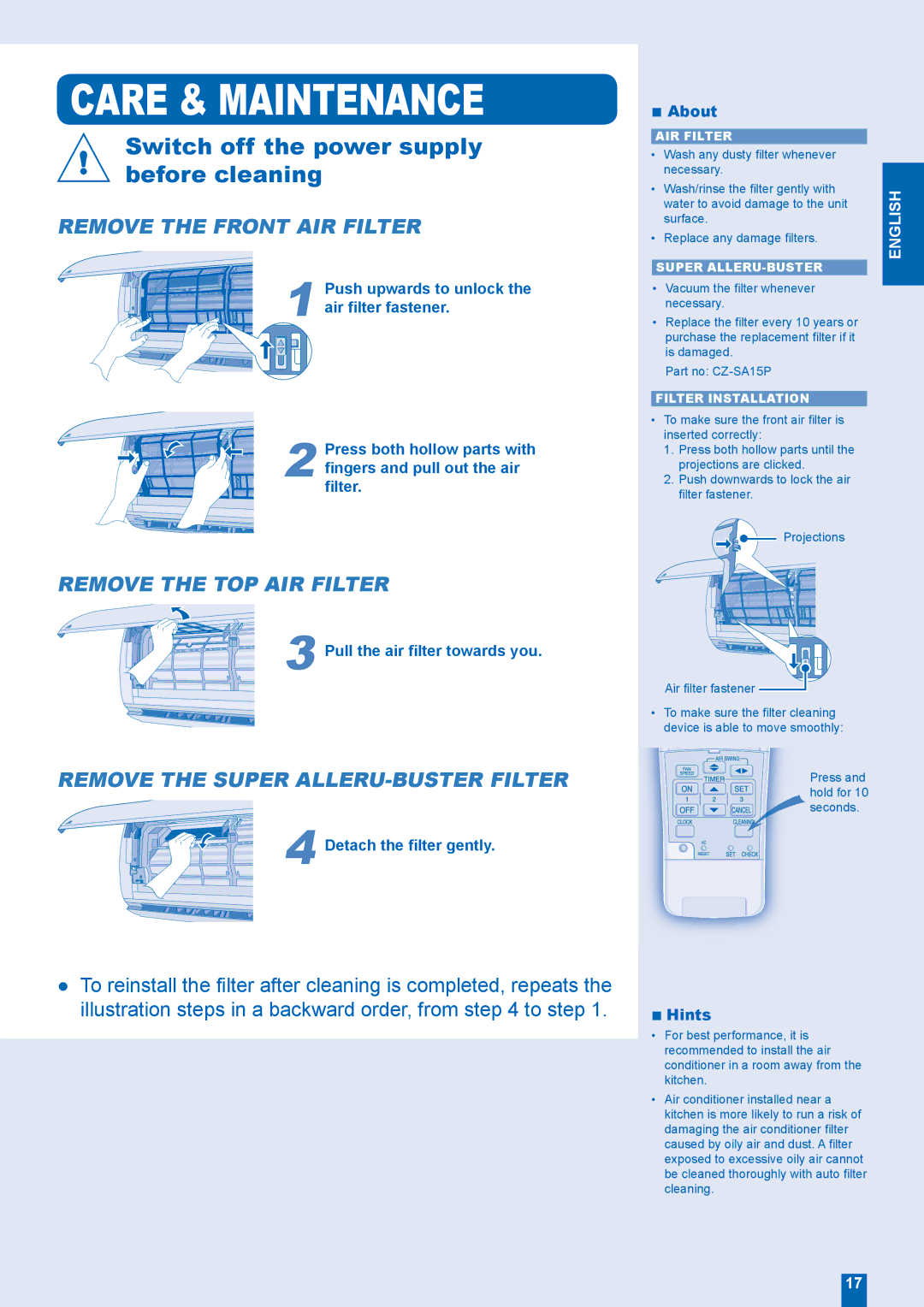 Panasonic CS-XE12EKE, CS-XE9EKE, CU-XE9EKE, CU-XE12EKE manual Pull the air ﬁlter towards you, Detach the ﬁlter gently, Hints 