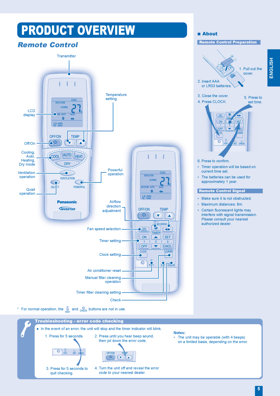 Panasonic CS-XE12EKE, CS-XE9EKE, CU-XE9EKE, CU-XE12EKE manual Remote Control Preparation, Remote Control Signal 