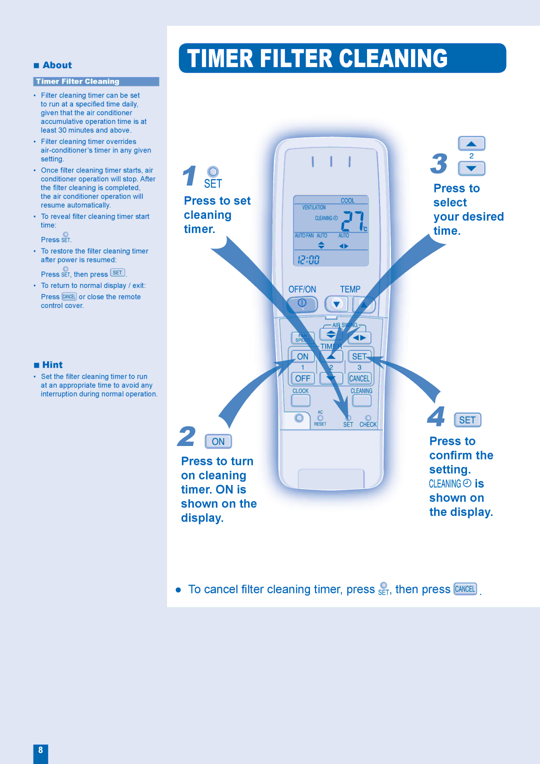 Panasonic CS-XE9EKE, CS-XE12EKE, CU-XE9EKE, CU-XE12EKE manual Hint, Timer Filter Cleaning 