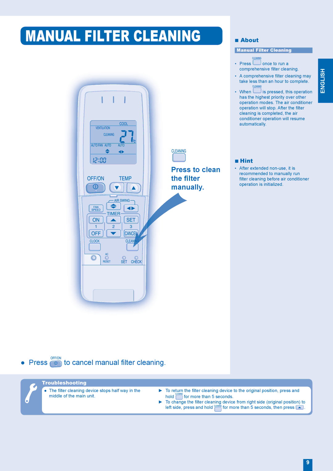 Panasonic CS-XE12EKE, CS-XE9EKE, CU-XE9EKE, CU-XE12EKE manual Manual Filter Cleaning 