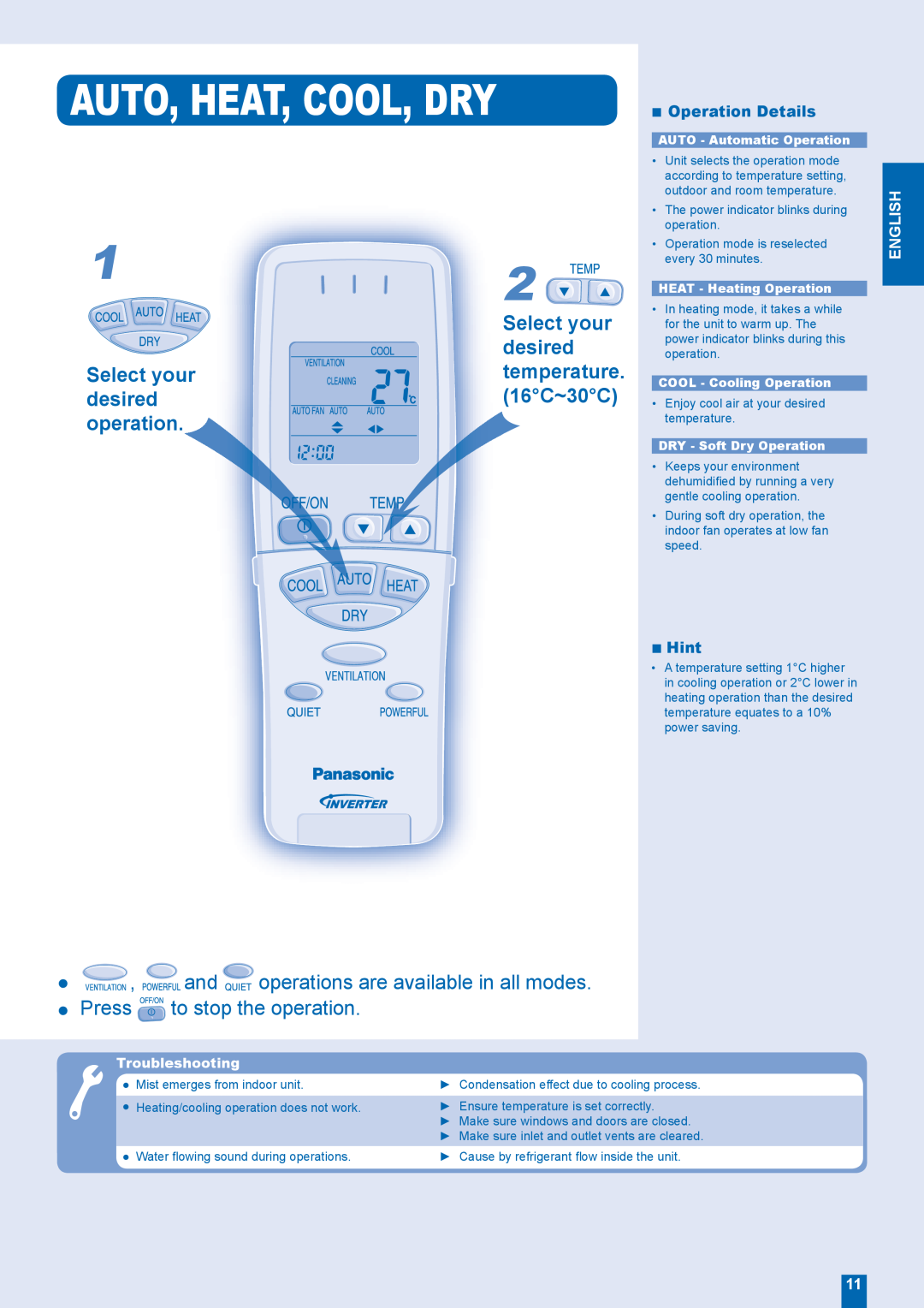 Panasonic CU-XE12EKE Auto, Heat, Cool, Dry, Select your desired operation, Select your desired temperature. 16C~30C, Hint 