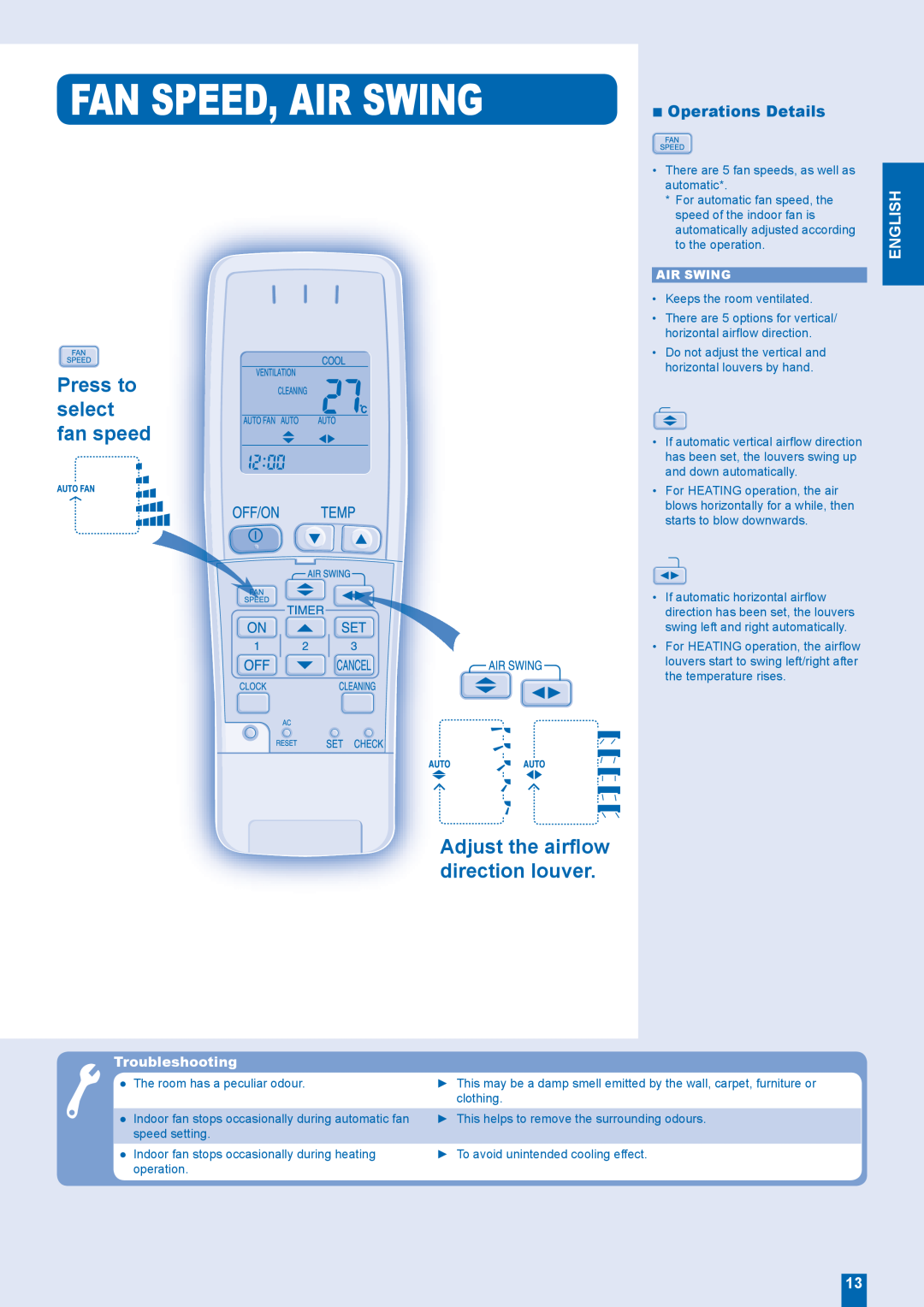 Panasonic CS-XE12EKE manual Fan Speed, Air Swing, Press to select fan speed, Adjust the airﬂow direction louver, English 
