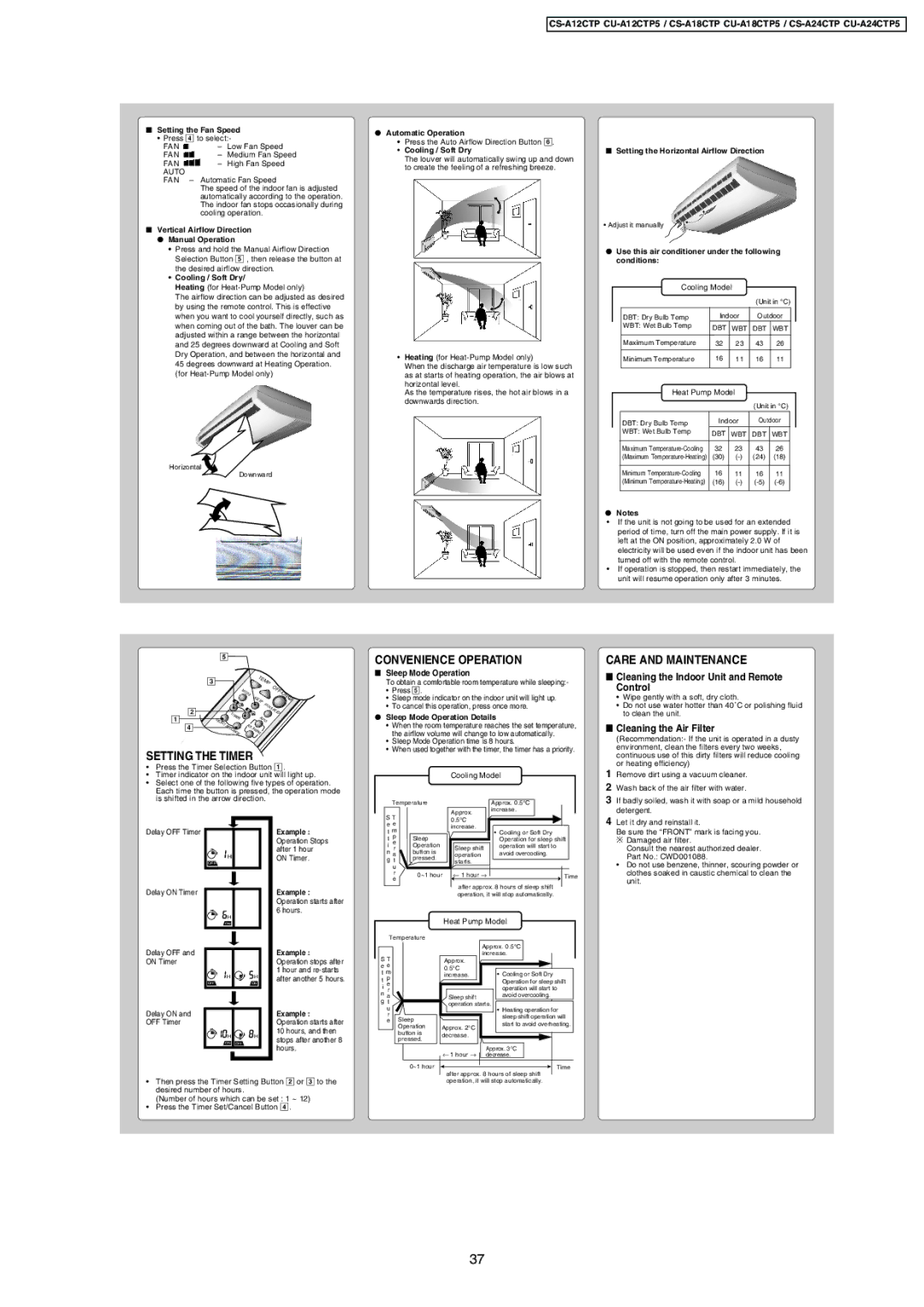 Panasonic CS/CU-A12CTP5 Setting the Timer, Convenience Operation, Care and Maintenance, Cleaning the Air Filter 