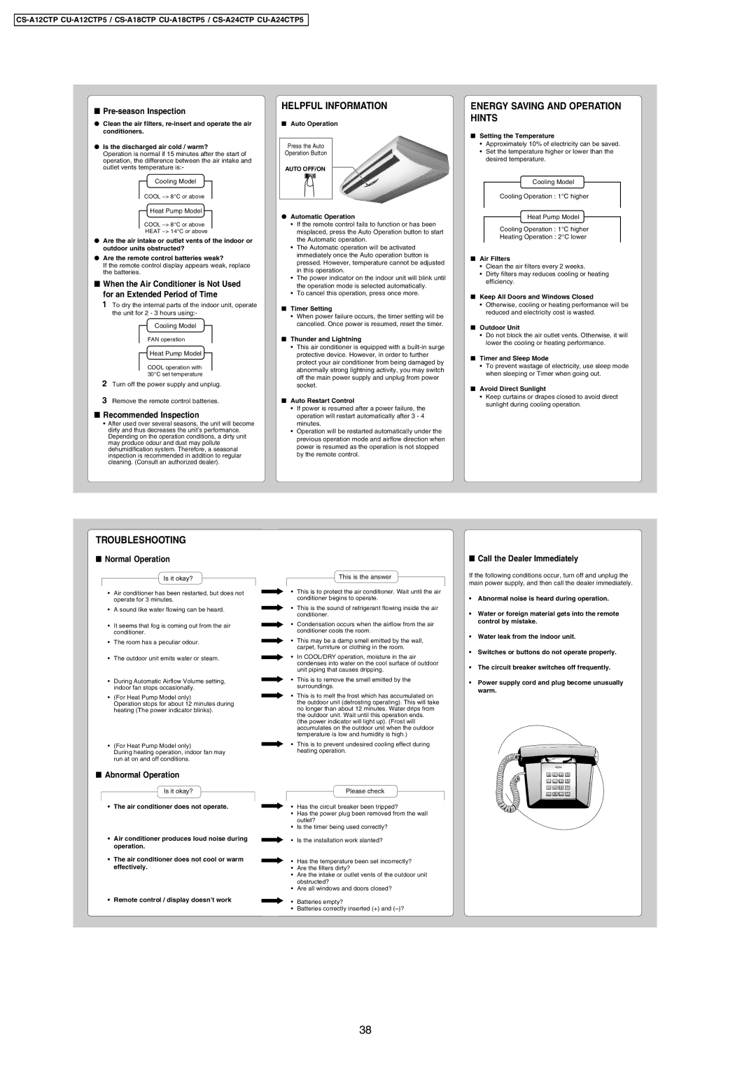 Panasonic CS/CU-A12CTP5 operating instructions Helpful Information, Energy Saving and Operation Hints, Troubleshooting 