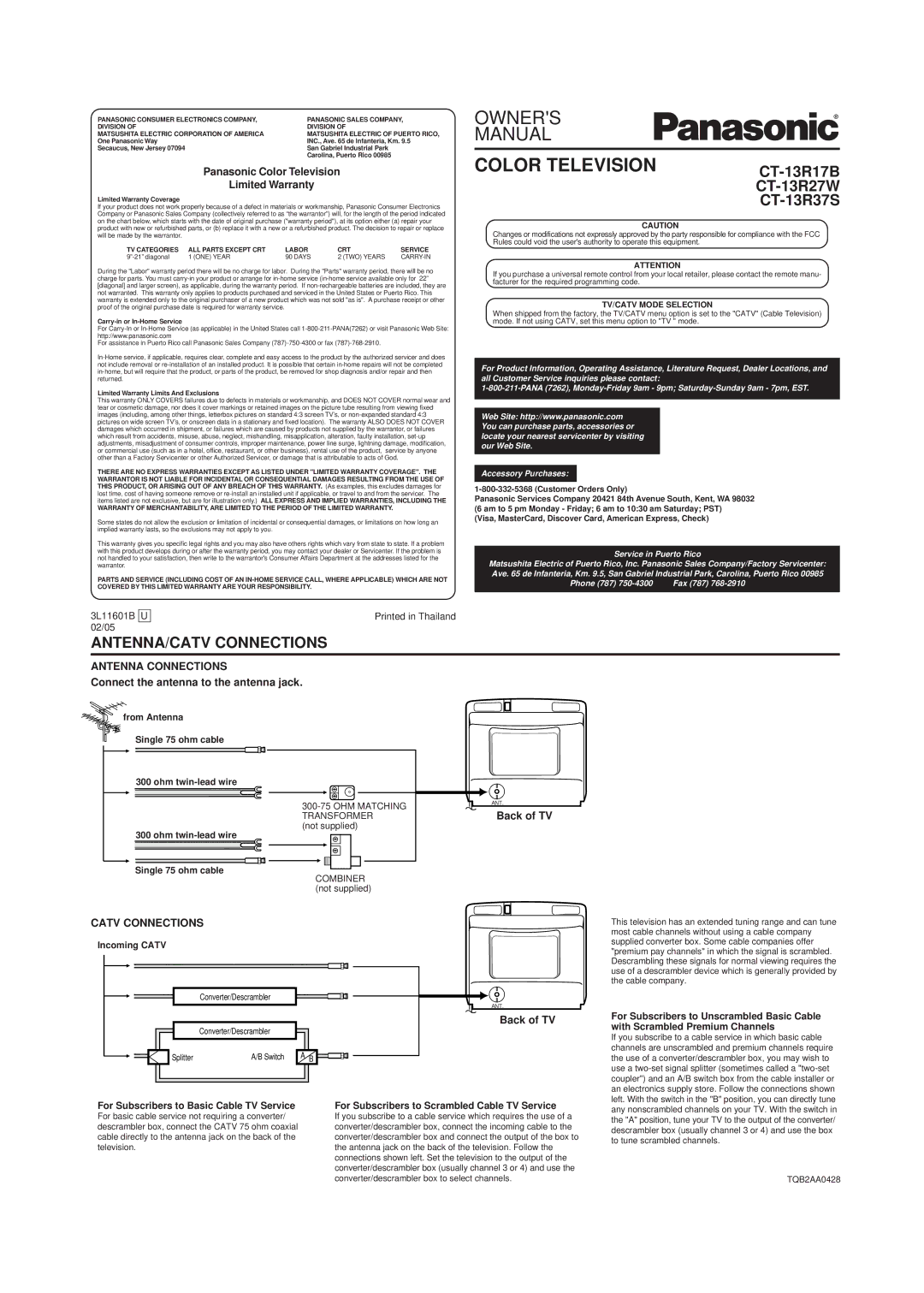 Panasonic CT 13R17B owner manual ANTENNA/CATV Connections, TV/CATV Mode Selection, Converter/Descrambler 