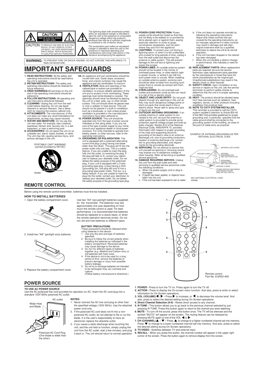 Panasonic CT 13R17B owner manual Remote Control, HOW to Install Batteries, To USE AC Power Source, CH Channel 