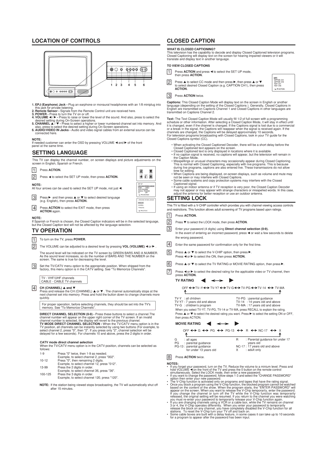 Panasonic CT 13R17B owner manual Location of Controls, Setting Language, Closed Caption, Setting Lock, TV Operation 