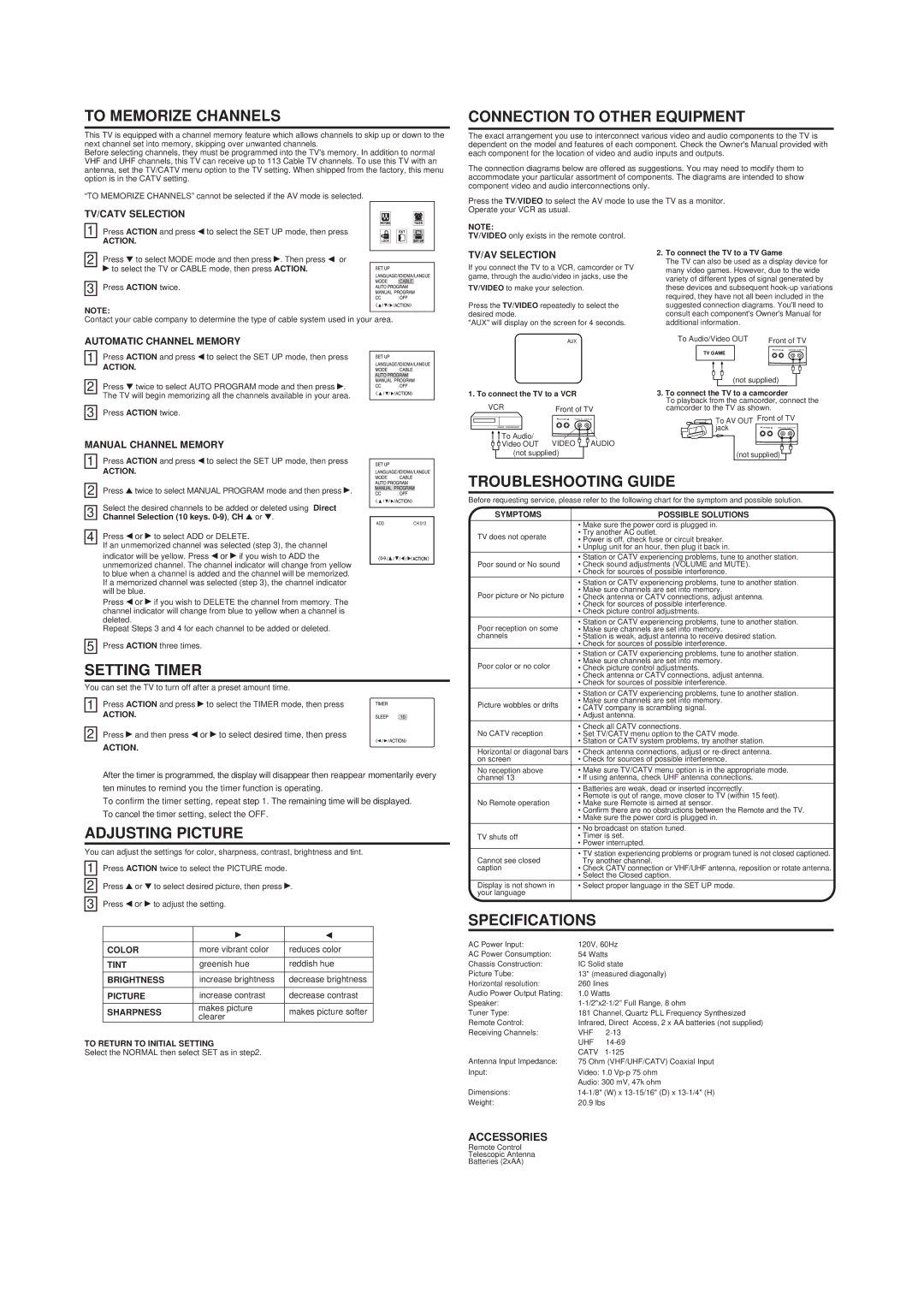 Panasonic CT 13R17B owner manual To Memorize Channels, Connection to Other Equipment, Troubleshooting Guide, Setting Timer 