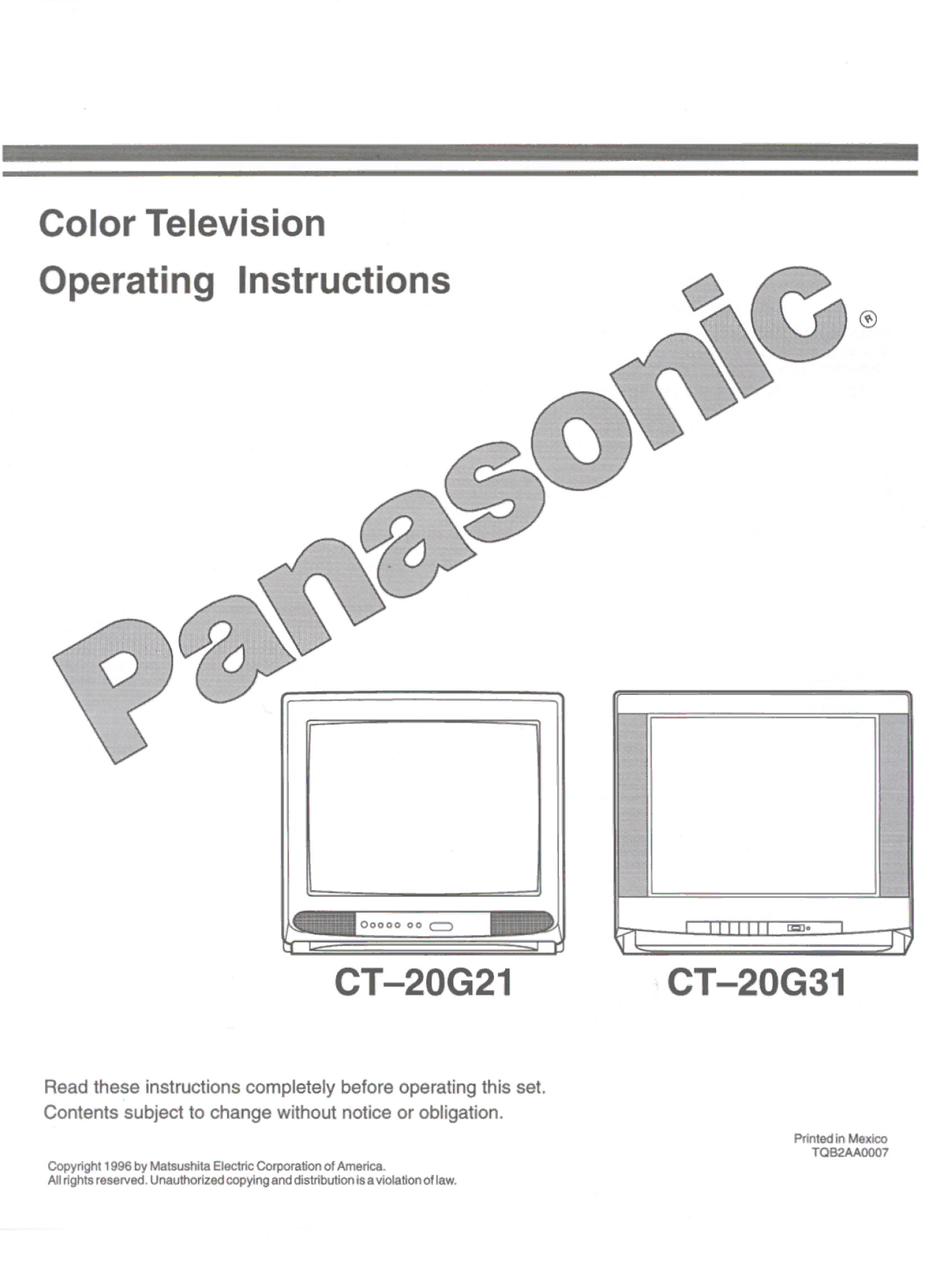 Panasonic CT-20G21, CT-20G31 manual 