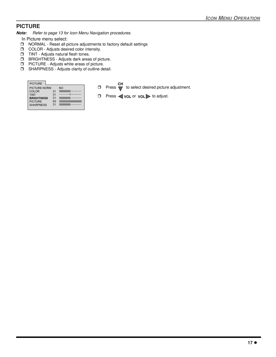 Panasonic CT 20SX12D manuel dutilisation Picture menu select 