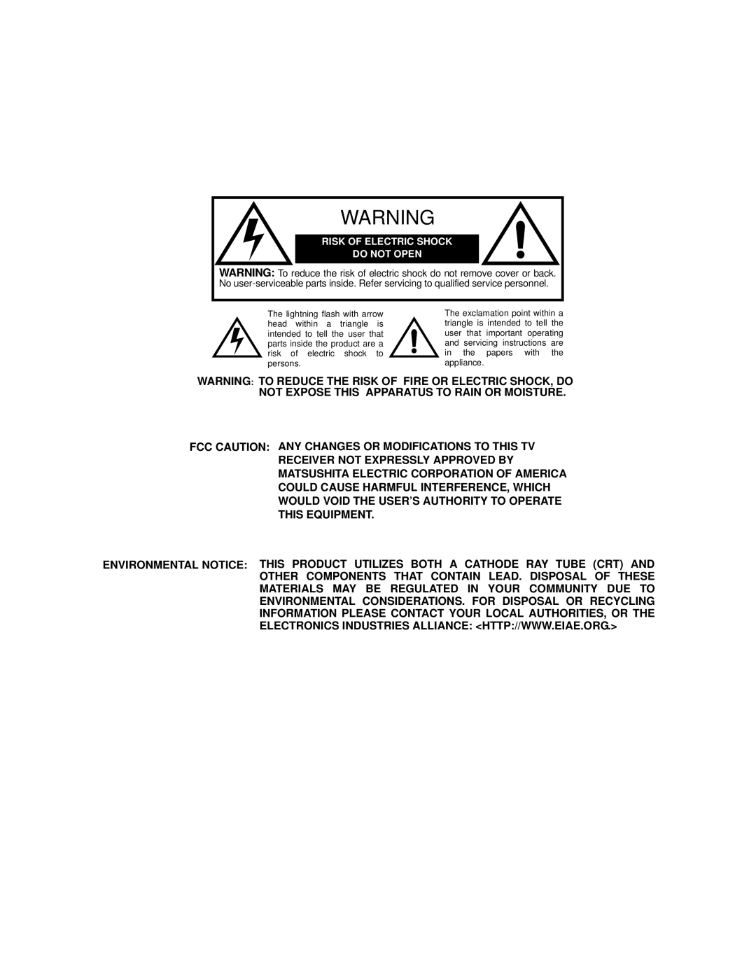 Panasonic CT 20SX12D manuel dutilisation Risk of Electric Shock Do not Open 