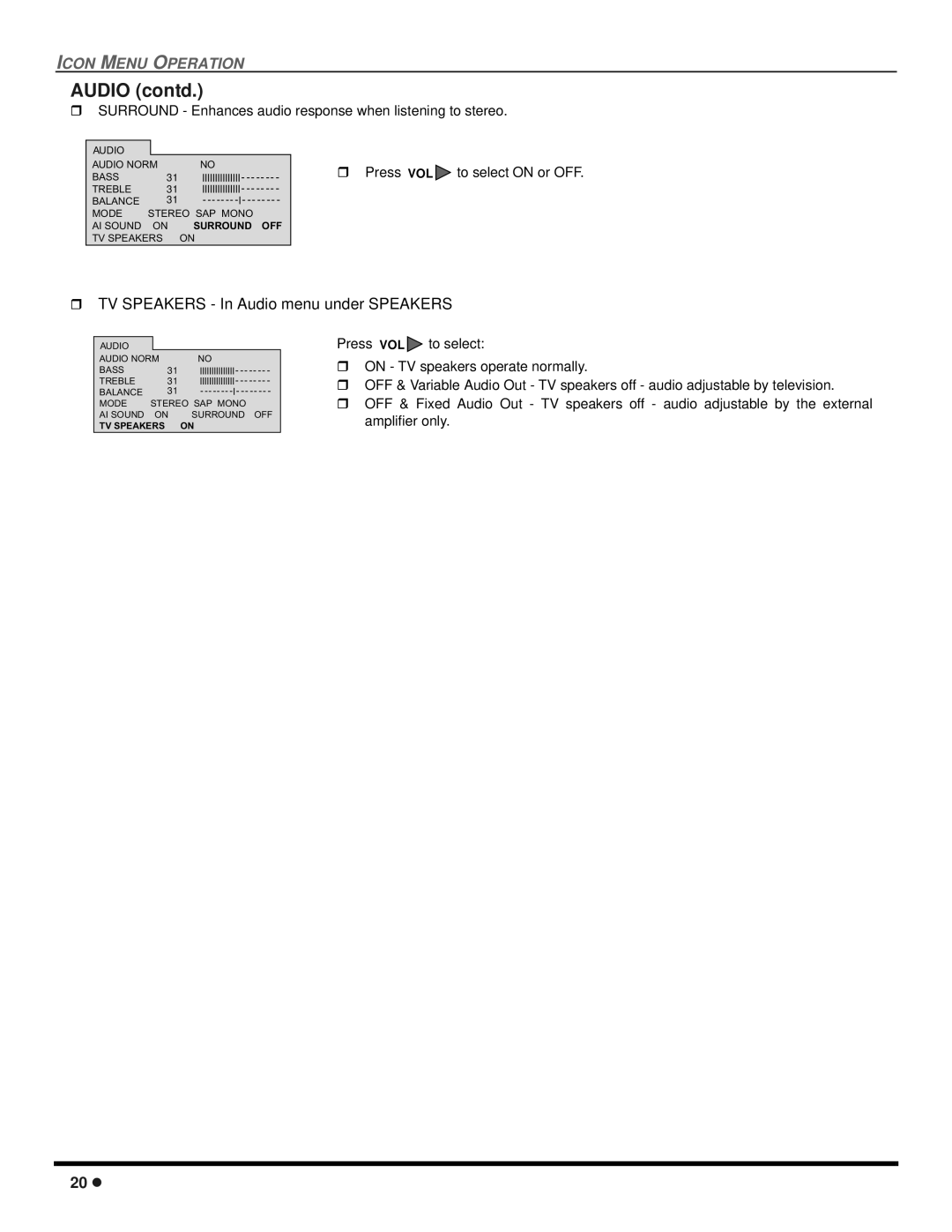 Panasonic CT 20SX12D manuel dutilisation Audio contd, TV Speakers In Audio menu under Speakers 