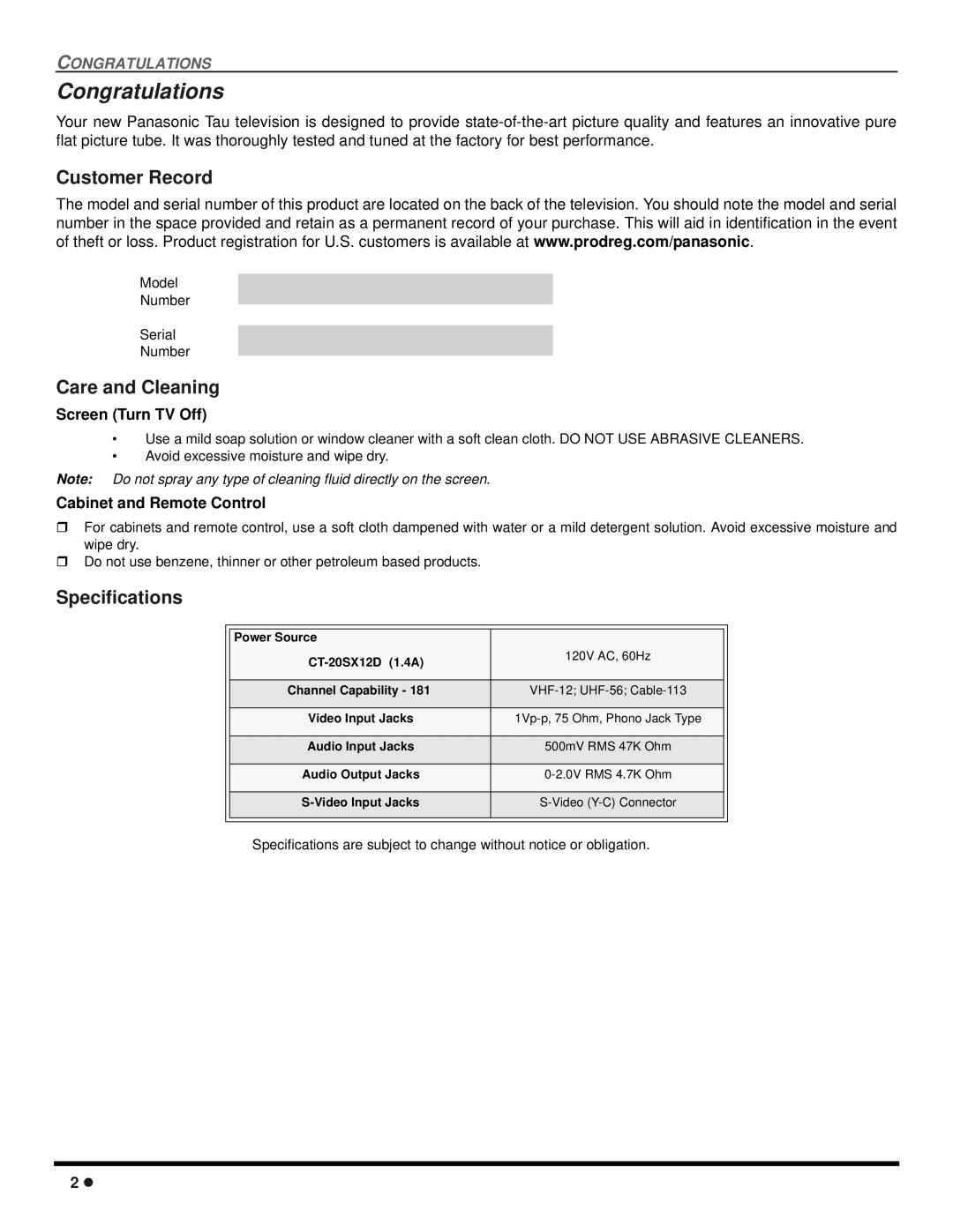 Panasonic CT 20SX12D manuel dutilisation Congratulations, Customer Record, Care and Cleaning, Specifications 