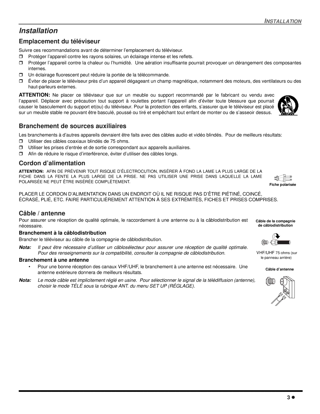 Panasonic CT 20SX12D Emplacement du téléviseur, Branchement de sources auxiliaires, Cordon d’alimentation, Câble / antenne 