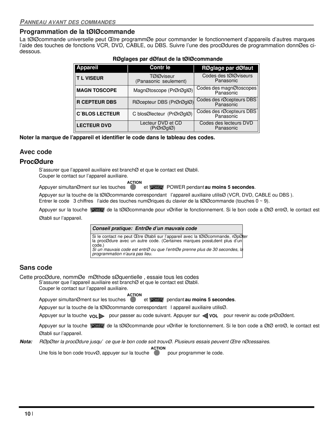 Panasonic CT 20SX12D Programmation de la télécommande, Avec code, Sans code, Réglages par défaut de la télécommande 