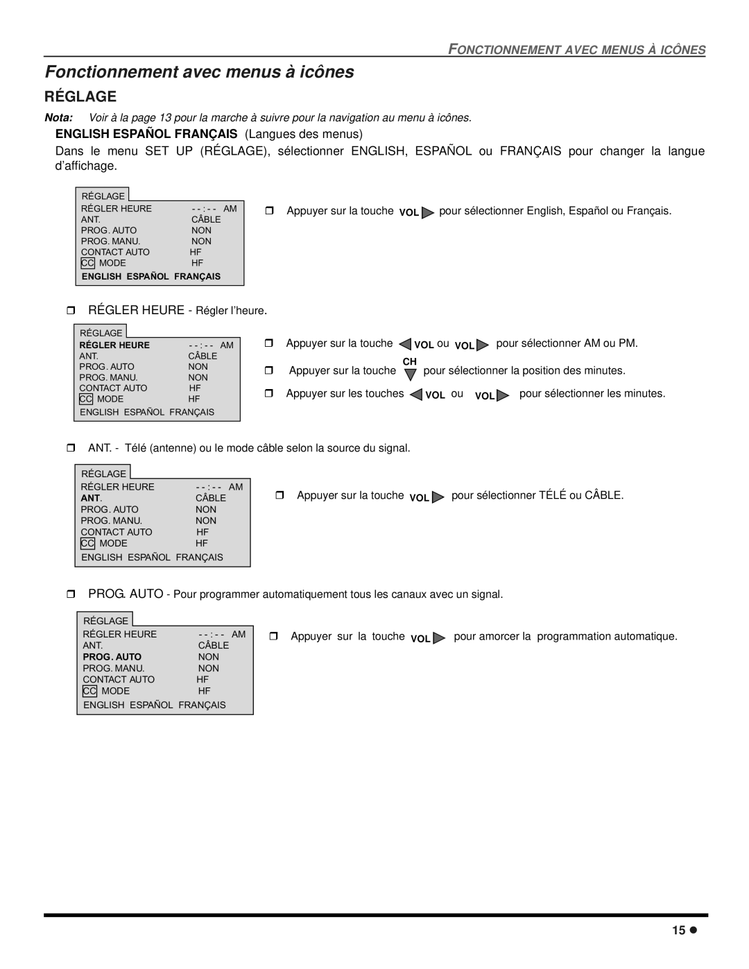 Panasonic CT 20SX12D Fonctionnement avec menus à icônes, Réglage, English Español Français Langues des menus 