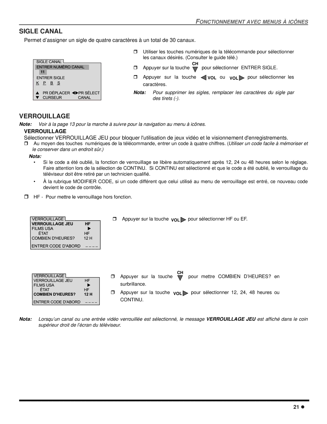 Panasonic CT 20SX12D manuel dutilisation Sigle Canal, Verrouillage 