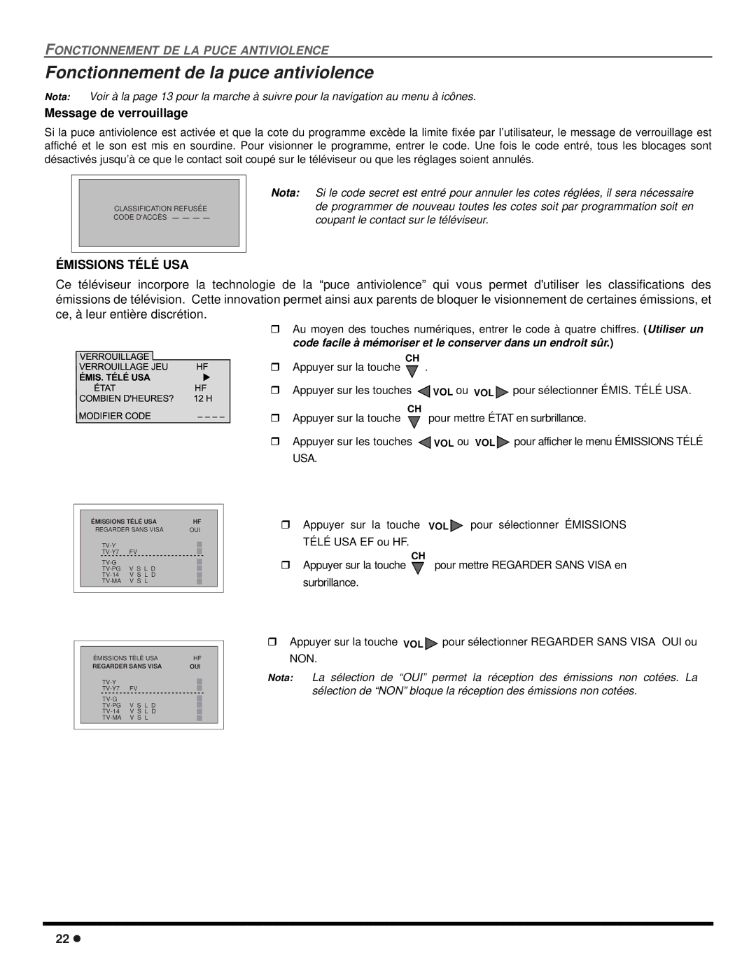 Panasonic CT 20SX12D Fonctionnement de la puce antiviolence, Message de verrouillage, Émissions Télé USA 