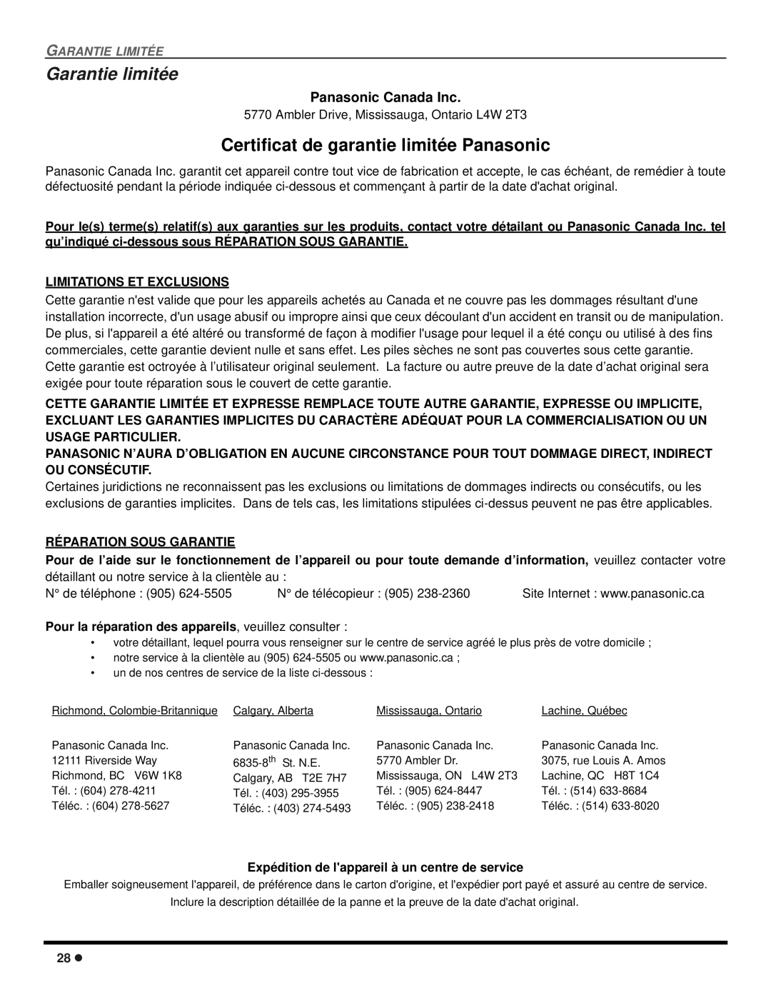 Panasonic CT 20SX12D manuel dutilisation Garantie limitée, Limitations ET Exclusions, Réparation Sous Garantie 