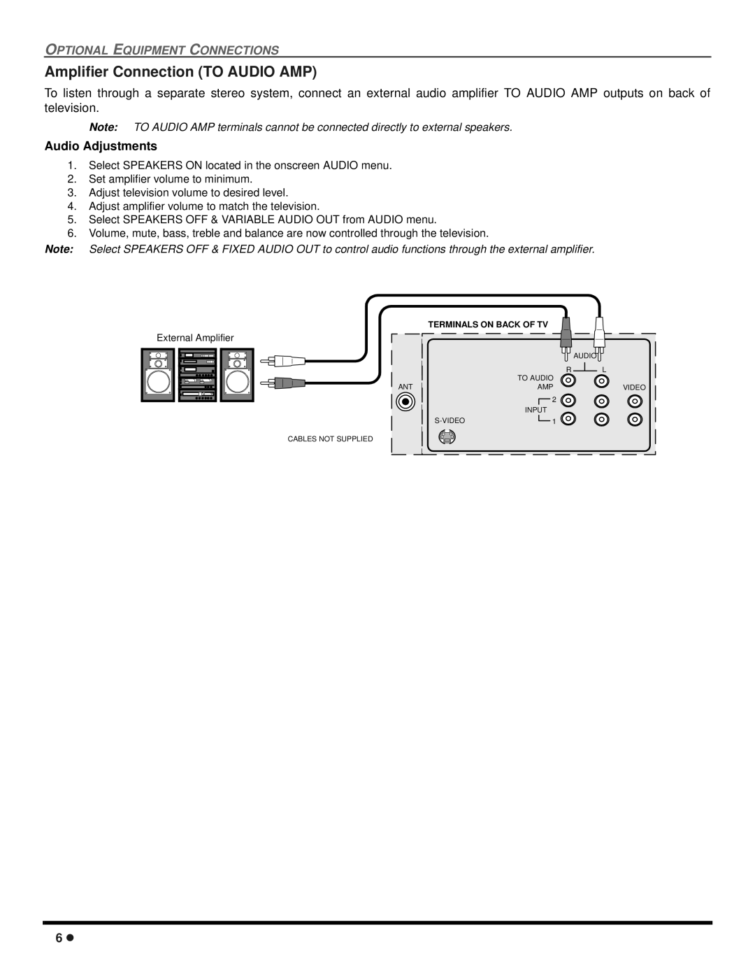 Panasonic CT 20SX12D manuel dutilisation Amplifier Connection to Audio AMP, Audio Adjustments 