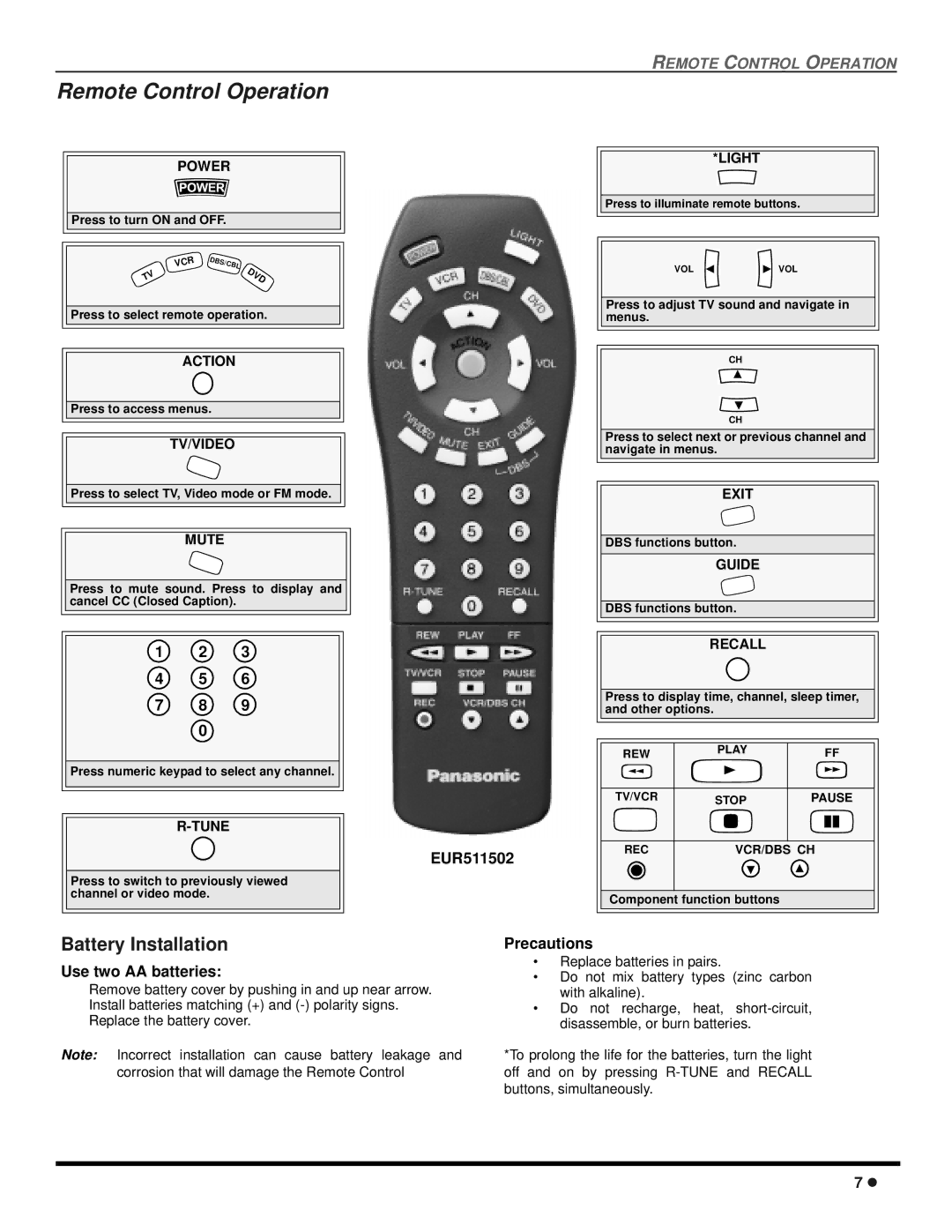 Panasonic CT 20SX12D Remote Control Operation, Battery Installation, EUR511502, Use two AA batteries, Precautions 