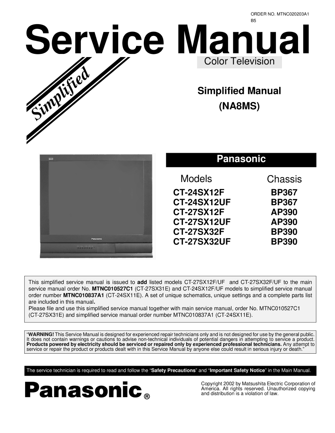 Panasonic CT-24SX12UF service manual Ie f i l p im S 