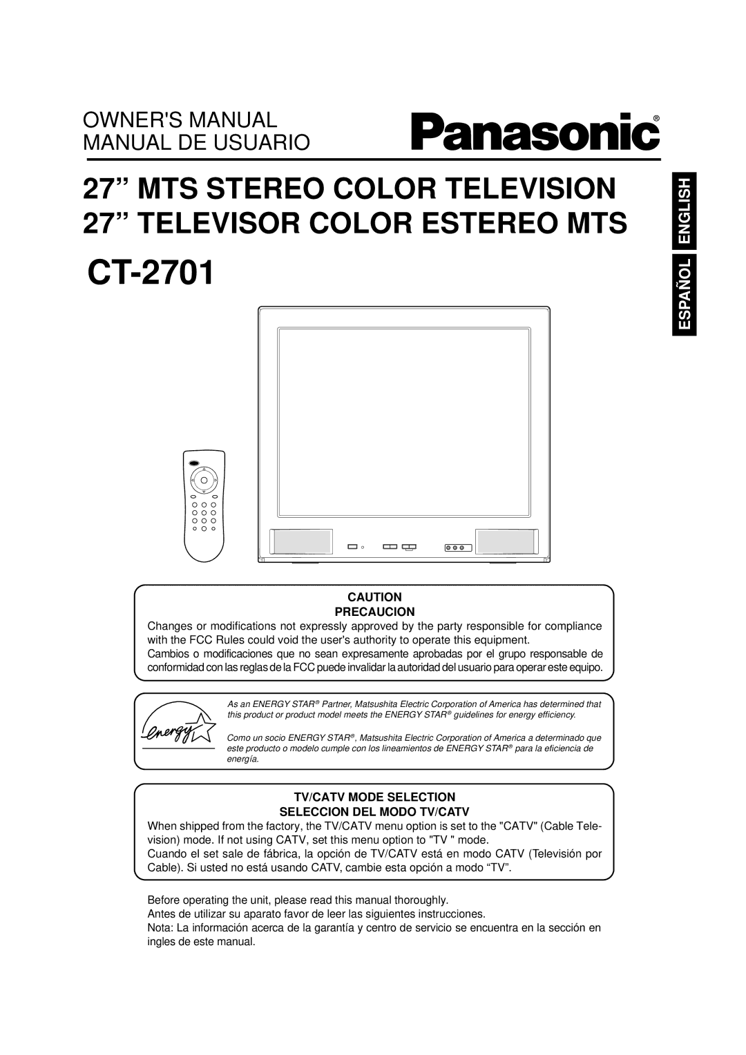 Panasonic CT-2701 owner manual Precaucion, TV/CATV Mode Selection Seleccion DEL Modo TV/CATV 