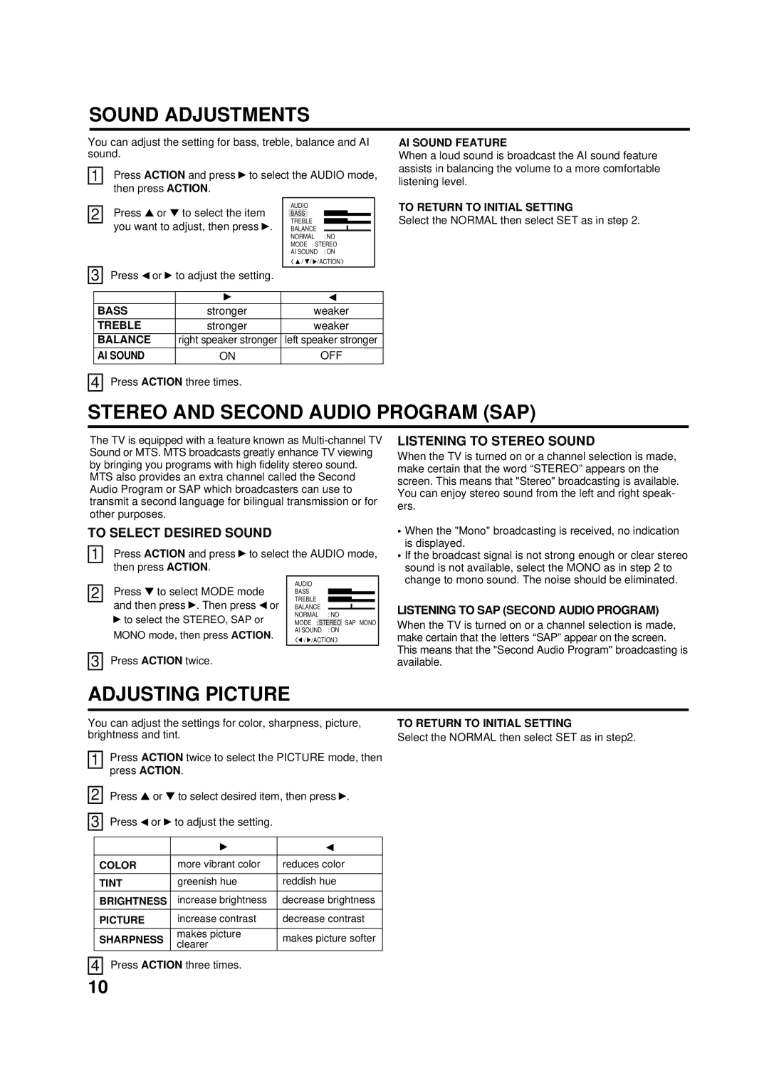 Panasonic CT-2701 Sound Adjustments, Stereo and Second Audio Program SAP, Adjusting Picture, To Select Desired Sound 