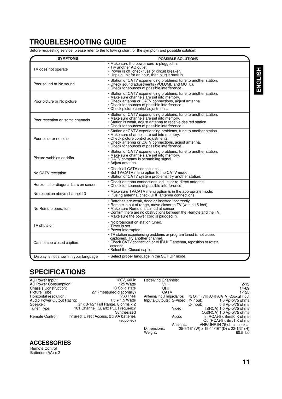 Panasonic CT-2701 owner manual Troubleshooting Guide, Specifications 