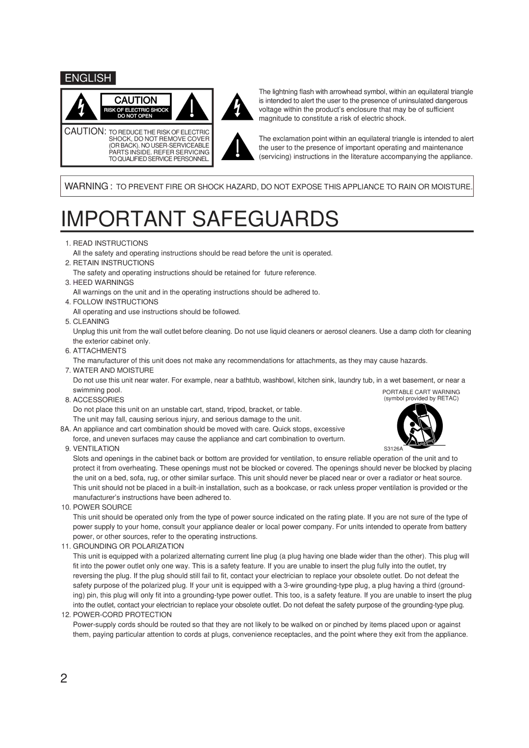 Panasonic CT-2701 Read Instructions, Retain Instructions, Heed Warnings, Follow Instructions, Cleaning, Attachments 