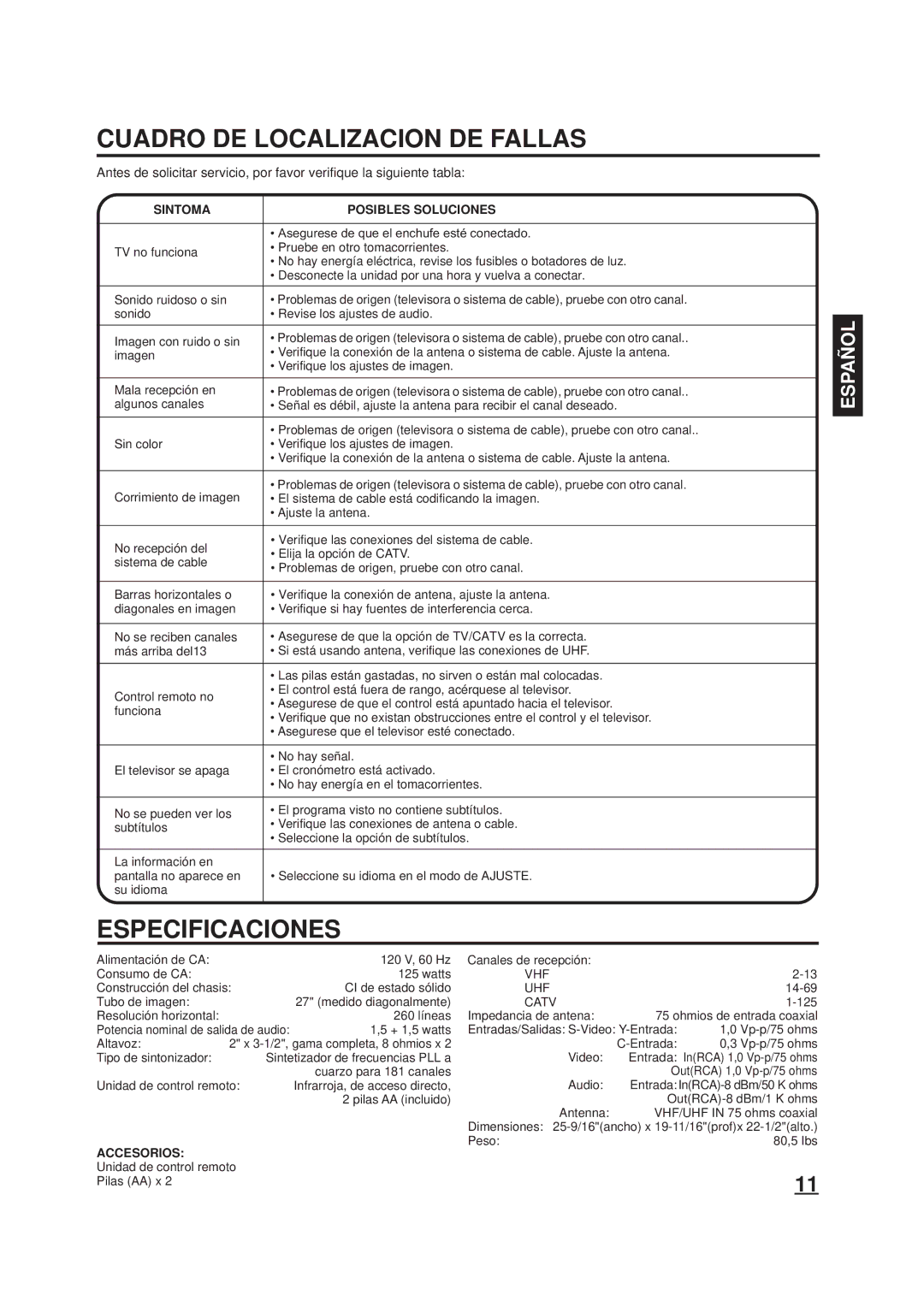 Panasonic CT-2701 Cuadro DE Localizacion DE Fallas, Especificaciones, Sintoma Posibles Soluciones, Accesorios, Pilas AA x 