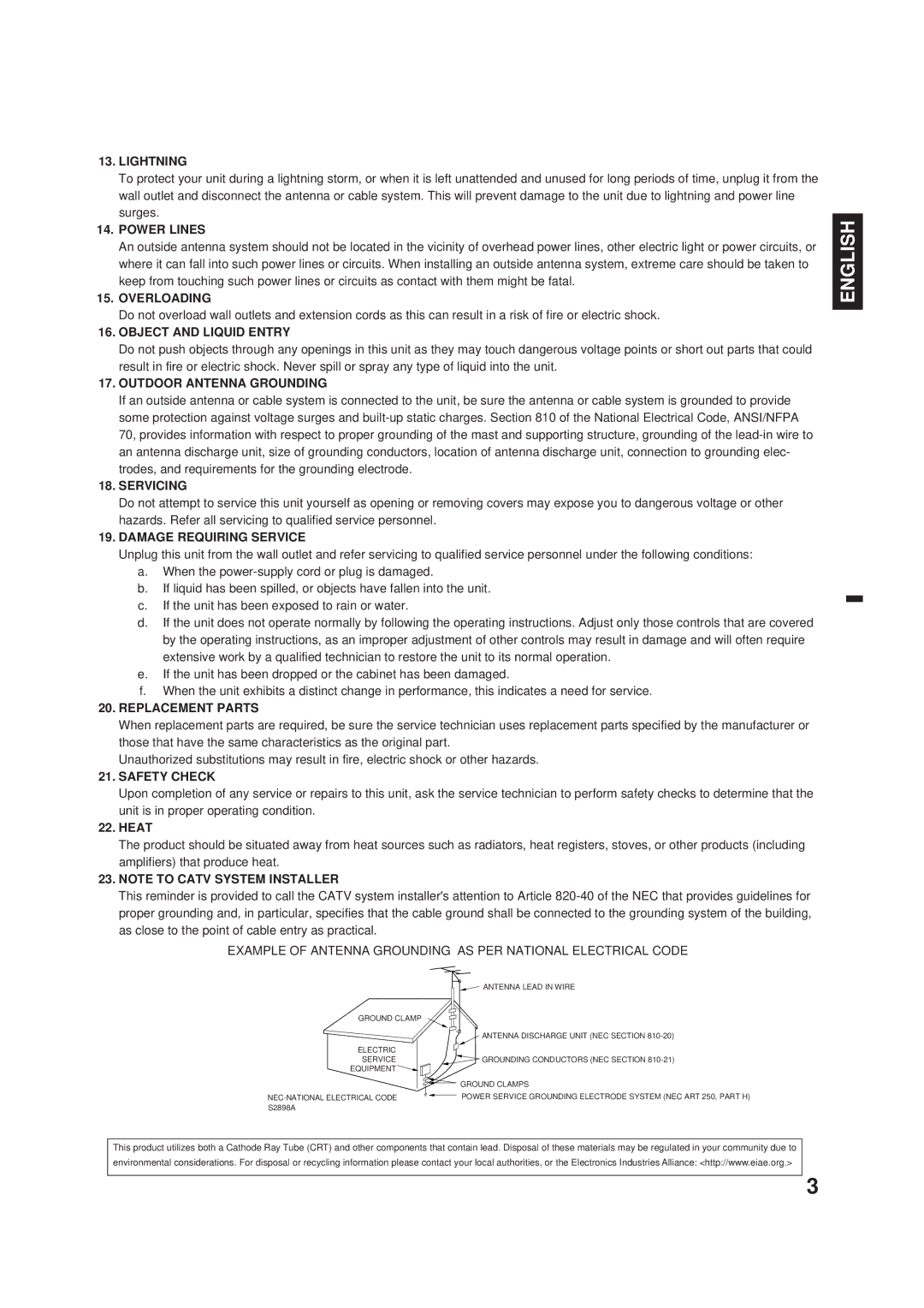 Panasonic CT-2701 Lightning, Power Lines, Overloading, Object and Liquid Entry, Outdoor Antenna Grounding, Servicing 