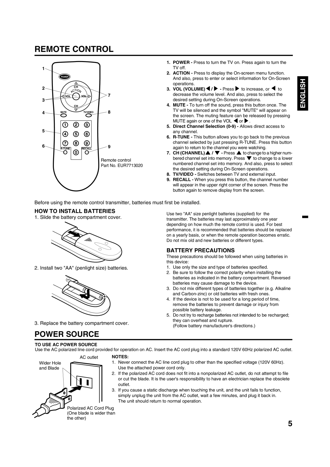 Panasonic CT-2701 owner manual Remote Control, HOW to Install Batteries, Battery Precautions, To USE AC Power Source 